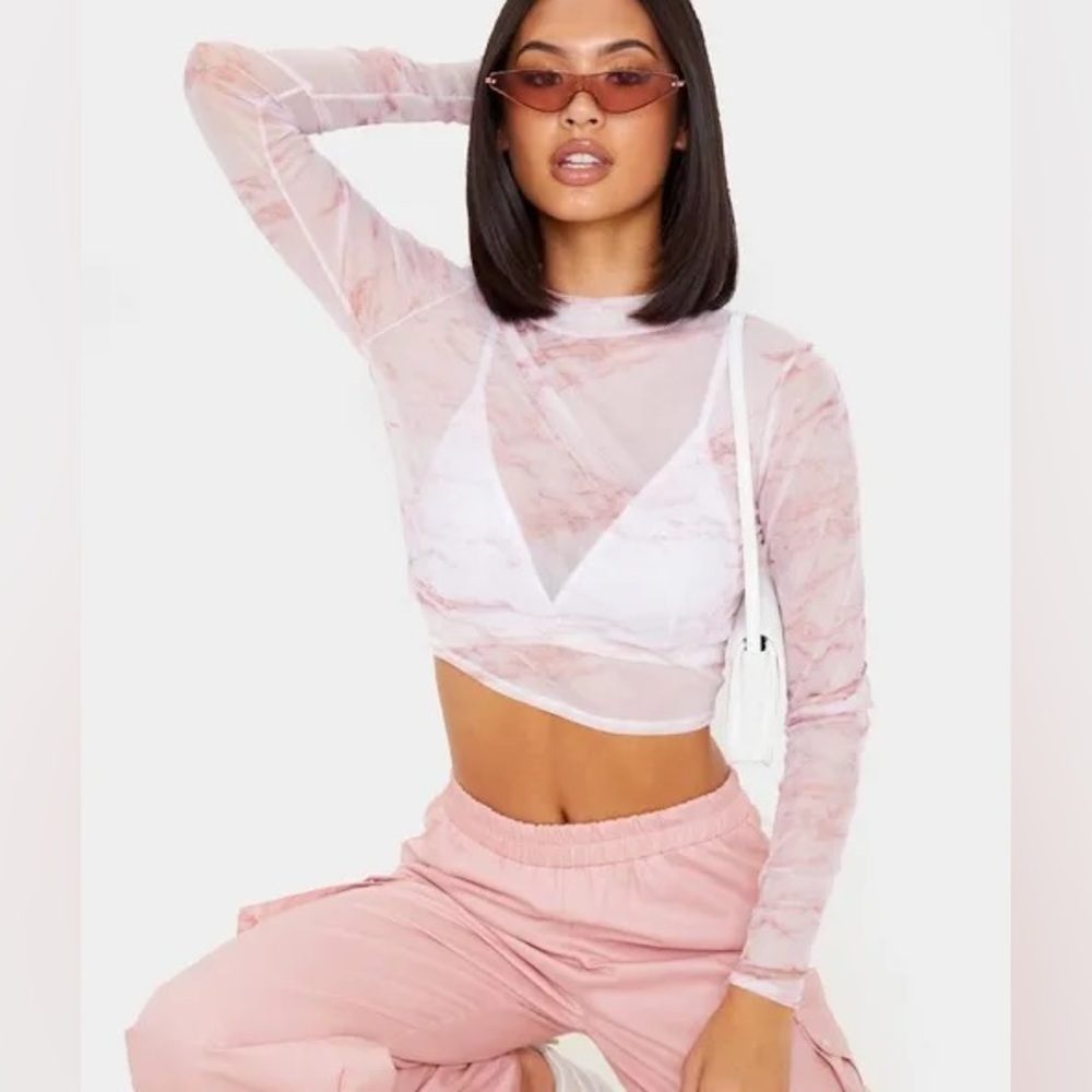Pink Marble Printed Mesh Crop Top
